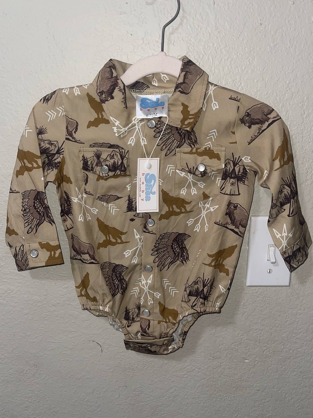Kids Beige Western-Print Button Front Shirt Bodysuit by